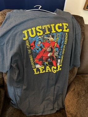 MAD Engine Justice League Graphic Tee in Blue with Yellow Print